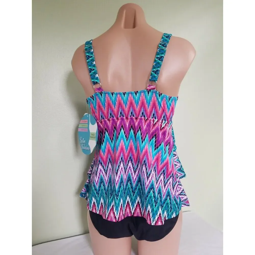 Swim Solutions Island Sunset Tummy-Control Tiered One-Piece Swimsuit  size 8 - Picture 6 of 6